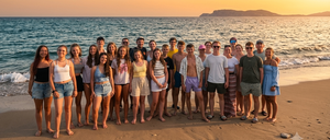 Eine Gruppe von Menschen, wahrscheinlich Freunde oder Familie, posiert für ein Foto am Strand bei Sonnenuntergang. Das Meer ist ruhig und der Himmel ist in Orange- und Rosatönen gemalt.
