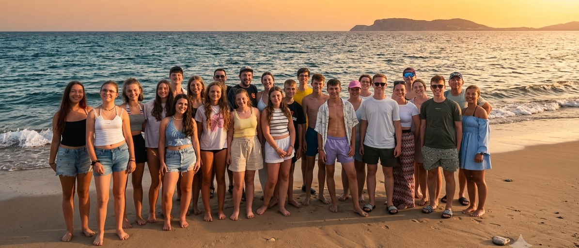Eine Gruppe von Menschen, wahrscheinlich Freunde oder Familie, posiert für ein Foto am Strand bei Sonnenuntergang. Das Meer ist ruhig und der Himmel ist in Orange- und Rosatönen gemalt.