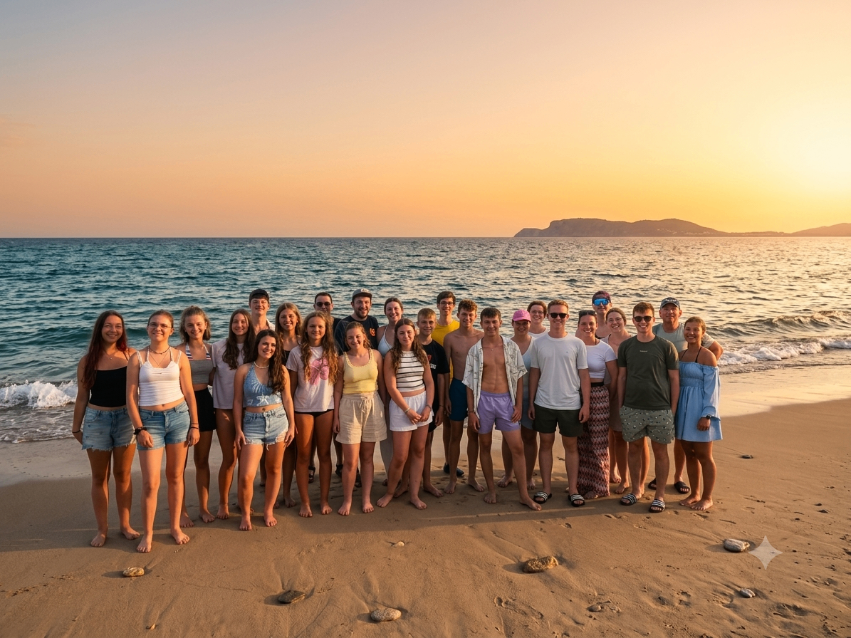 Eine Gruppe von Menschen, wahrscheinlich Freunde oder Familie, posiert für ein Foto am Strand bei Sonnenuntergang. Der Ozean ist ruhig, und der Himmel ist in Orange- und Rosatönen gemalt.