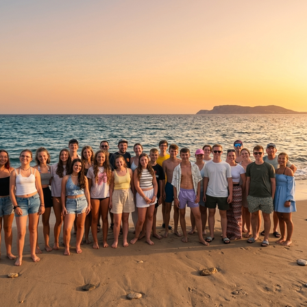 Eine Gruppe von Menschen, wahrscheinlich Freunde oder Familie, posiert für ein Foto am Strand bei Sonnenuntergang. Der Ozean ist ruhig, und der Himmel ist in Orange- und Rosatönen gemalt.