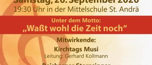 Plakat für das 75-jährige Jubiläum der Jaklinger Sänger. Veranstaltung am Samstag, 26. September 2026, um 19:30 Uhr in der Mittelschule St. Andrä. Motto: 'Wartet wohl die Zeit noch?' Mit Kirchtags Musi, Reisberger Sternsinger und Jaklinger Sänger.