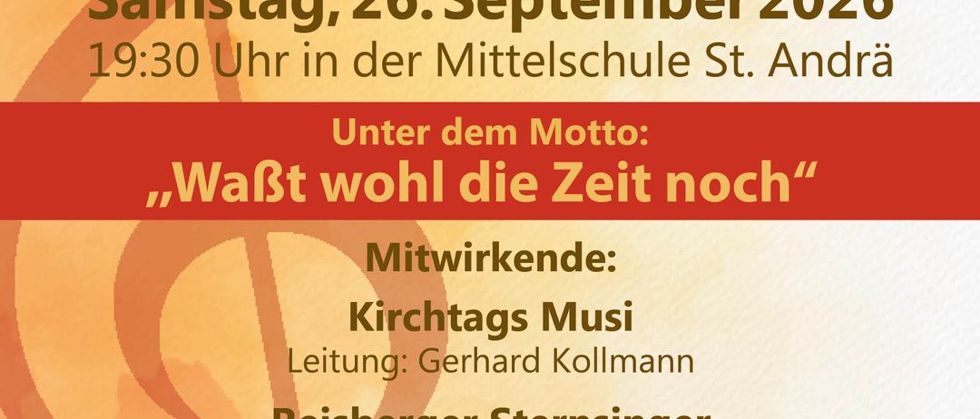 Plakat für das 75-jährige Jubiläum der Jaklinger Sänger. Veranstaltung am Samstag, 26. September 2026, um 19:30 Uhr in der Mittelschule St. Andrä. Motto: 'Wartet wohl die Zeit noch?' Mit Kirchtags Musi, Reisberger Sternsinger und Jaklinger Sänger.