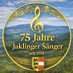 Ein goldenes kreisförmiges Emblem mit Noten. Es steht '75 Jahre Jaklinger Sänger seit 1951'. Unten befindet sich ein Wappen. Der Hintergrund ist bergig.