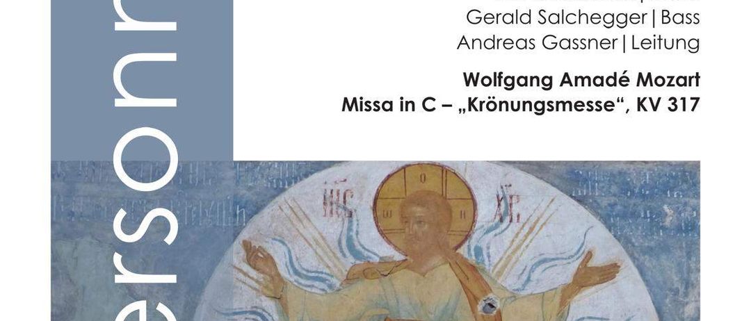 Ein Plakat für eine musikalische Aufführung, das ein Bild von Jesus Christus mit ausgestreckten Armen zeigt. Der Text enthält Namen von Darstellern und den Titel eines Mozart-Stücks.