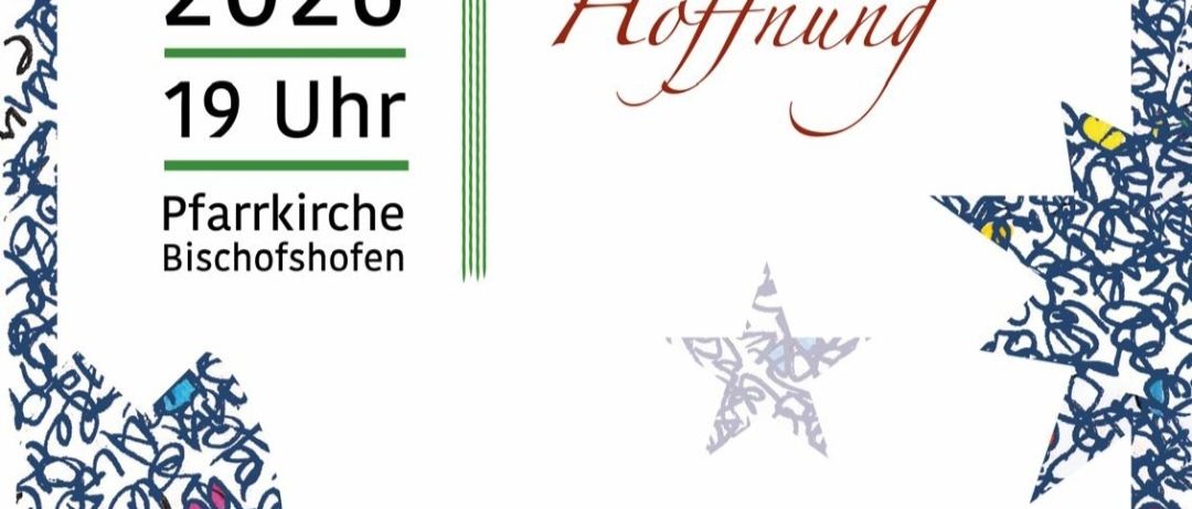 Das Plakat bewirbt ein Konzert mit dem Titel 'Maria singt das Lied der Hoffnung'. Das Ereignis ist für den 11. Mai 2026 um 19:00 Uhr geplant. Der Veranstaltungsort ist die Pfarrkirche Bischofshofen. Die Künstler sind das Duo Harpolino mit Sabine Ebner an der Violine und Andrea Stöger an der Harfe.