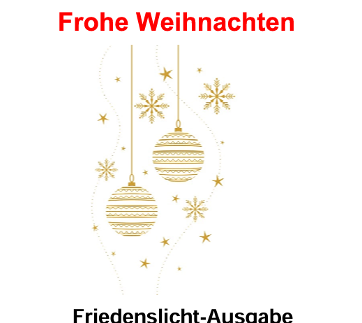 Weihnachtsgruß der Freiwilligen Feuerwehr Mühldorf an alle Bewohner. Beinhaltet die Verteilung von Friedenslichtern am 24. Dezember, 09-11 Uhr im Rüsthaus Mühldorf und in der Stockhalle Oedt.