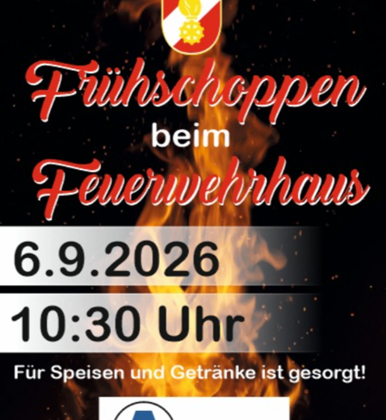 Plakat für ein Frühstücksevent am Feuerwehrhaus am 6. September 2026 um 10:30 Uhr. Es enthält ein Logo und ein Feuergrafik.