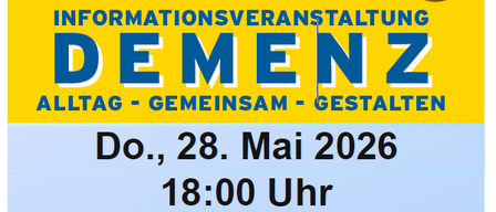 Informationsveranstaltung über Demenz. Datum: 28. Mai 2026, 18:00 im Rathaus-Festsaal, Schlossplatz 1, 2540 Bad Vöslau. Einlass: 17:30. Vortragende: Veronika Antonino, DGKP. Eintritt frei!