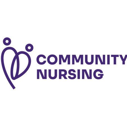 Das Logo von Community Nursing zeigt ein stilisiertes Herz und den Text in fetten Lilafarben auf schwarzem Hintergrund.