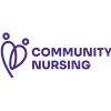 Das Logo von Community Nursing zeigt ein stilisiertes Herz und den Text in fetten Lilafarben auf schwarzem Hintergrund.