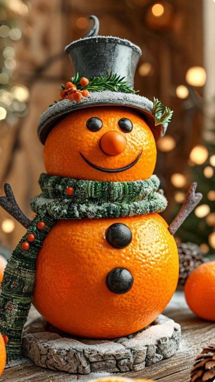 Ein Schneemann aus einer Orange, mit einem grünen Schal, einem grauen Hut und schwarzen Knopfaugen, steht neben einer kleinen Orange.