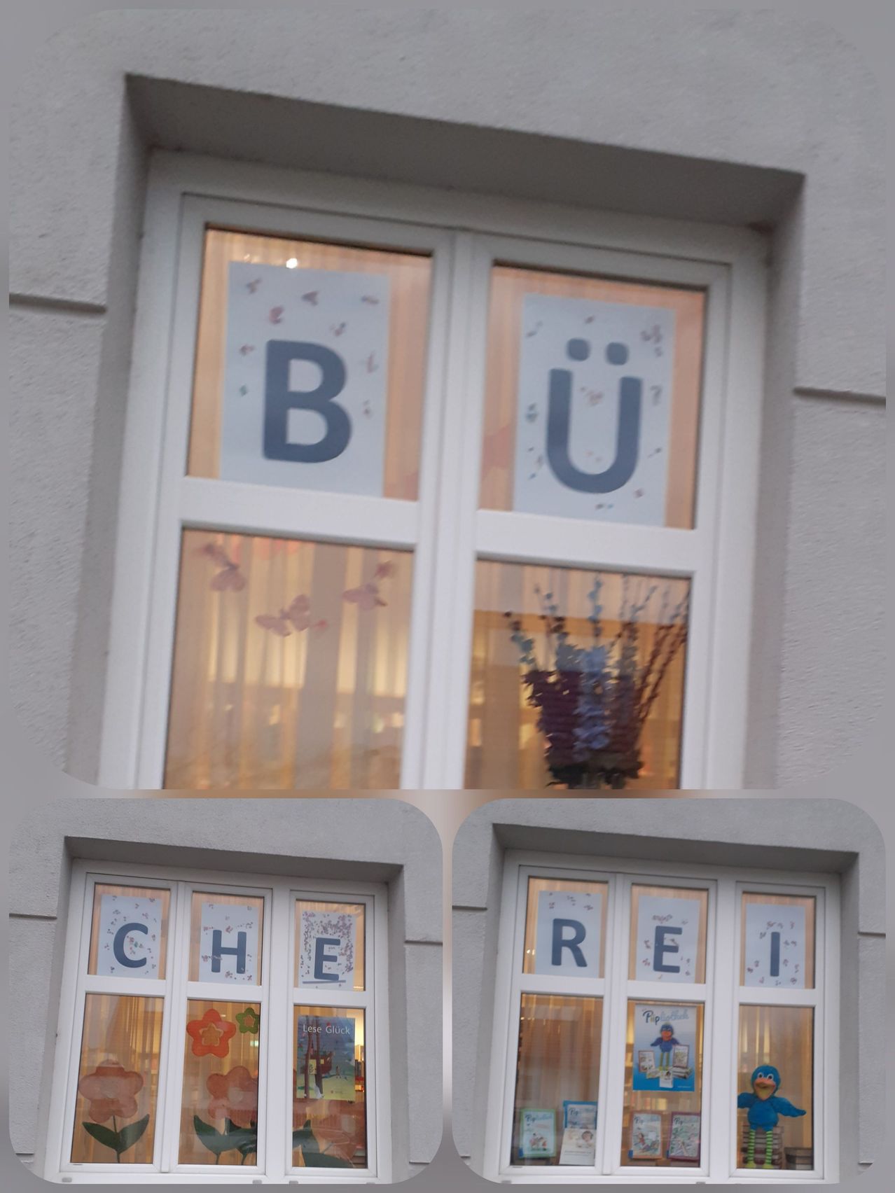 Three windows with letters B, U, and C, H, E, R, E, I, and a flower arrangement. Each window has a decorative frame.