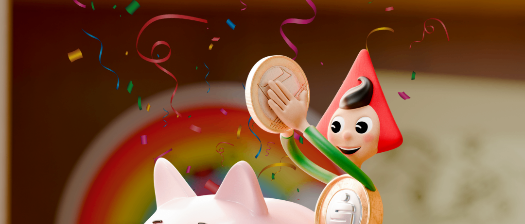 Illustration einer Spardose mit einer Münze, auf der eine Figur steht. Der Text lautet 'Weltspartage 22. - 24. Oktober'. Der Hintergrund hat Konfetti und einen Regenbogen.