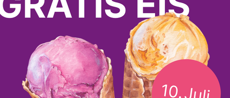 Ein Plakat mit zwei Eisbechern, einem rosa und einem gelben. Der Text 'Zeugnistag Gratis Eis' ist darauf zu lesen, und das Datum '10. Juli' ist in einem roten Kreis angegeben.