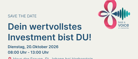 Eine Werbung für eine Veranstaltung mit einem roten Blumenlogo, der Text lautet 'wertvollstes tment bis DU!' mit einem Datum vom 2. Oktober 2026, um 13:00 Uhr, und einem Ort bei Frauen, St. Johann bei Herberstein.