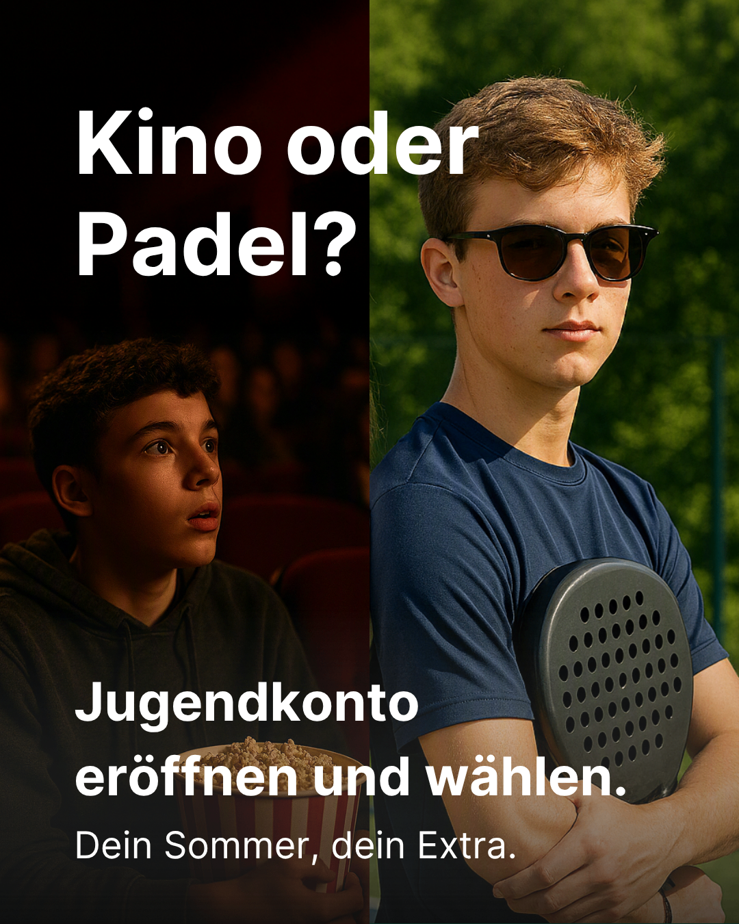 Open a youth account and choose between cinema or padel. A young boy holding a padel racket and another in the cinema.