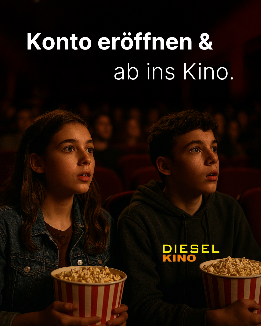 Ein Mädchen und ein Junge sitzen im Kino und schauen einen Film. Das Mädchen trägt eine Jeansjacke und der Junge einen Hoodie. Sie haben beide Popcorn vor sich. Die Worte 'Konto eröffnen & ab ins Kino' sind über ihnen angezeigt.
