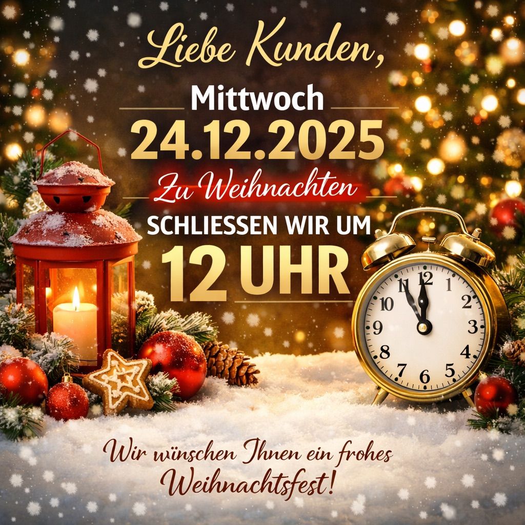 Ein festlicher Weihnachtsgruß zeigt eine brennende Laterne, eine Uhr mit 12 Uhr und einen verschneiten Weihnachtsbaum. Es steht geschrieben: 'Liebe Kunden, am Mittwoch, 24.12.2025, schließen wir um 12 Uhr. Wir wünschen Ihnen ein frohes Weihnachtsfest!'