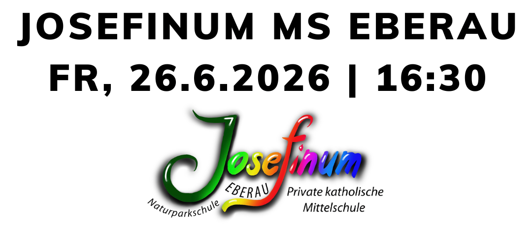 Plakat mit einer Landschaftsgrafik, das das Volksschule Eberau Schulfest am 19. Juni 2026 um 16:00 Uhr ankündigt. Außerdem das Josefinum MS Eberau Event am 26. Juni 2026 um 16:30 Uhr.