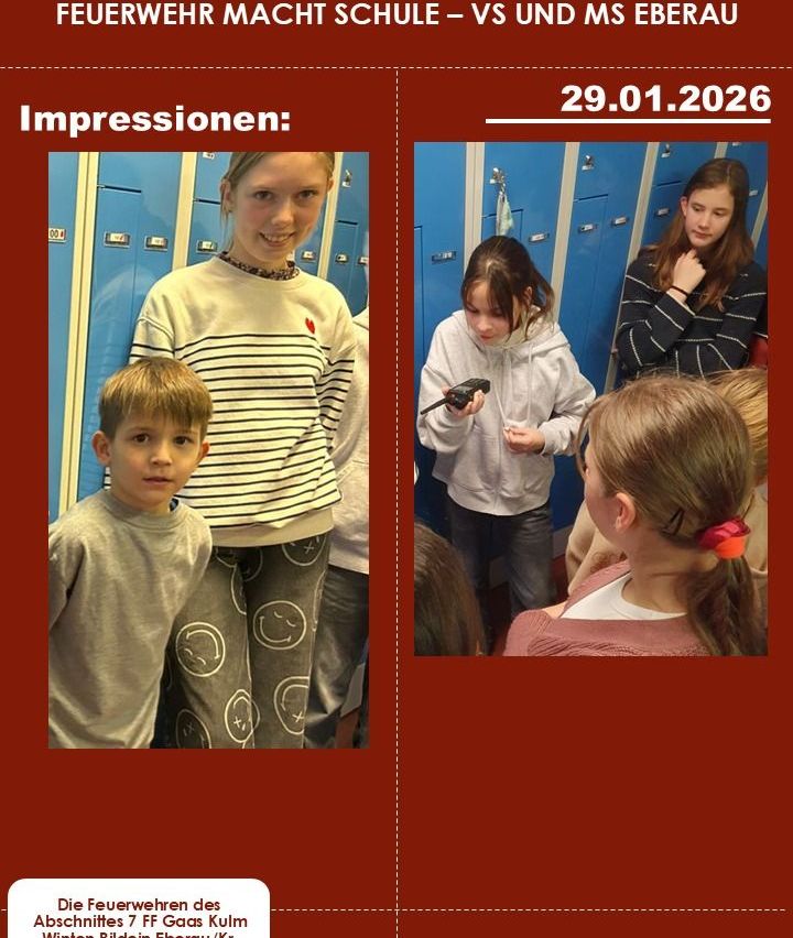 Ein geteiltes Bild zeigt zwei Fotos. Das linke Foto zeigt einen Jungen und ein Mädchen in einem Schulkorridor, beide lächeln. Das rechte Foto zeigt eine Gruppe von Mädchen in einem Schulkorridor, eine hält ein Walkie-Talkie.
