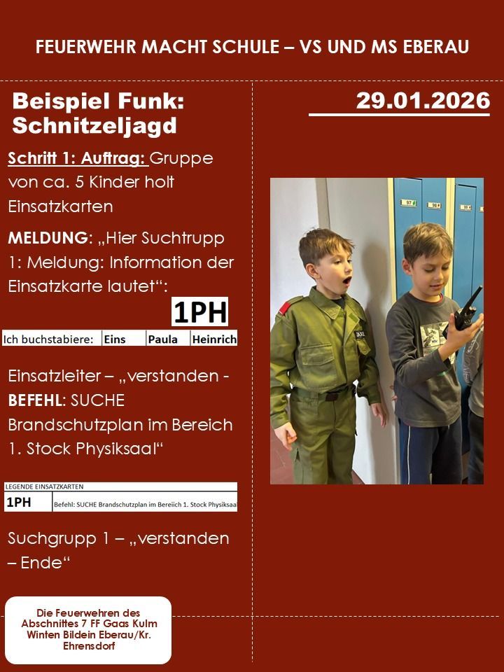 Das Bild zeigt ein Plakat mit Text und einem Foto von zwei Kindern. Das Plakat enthält das Datum 29.01.2026, eine Gruppenaufgabe für fünf Kinder und eine Legende für Einsatzkarten. Es gibt ein Foto von zwei Jungen, von denen einer ein Walkie-Talkie hält.