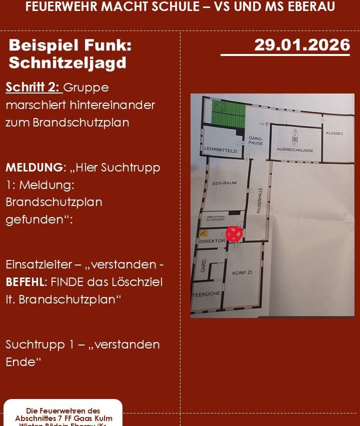 Das Bild zeigt eine Brandschutzübung mit einer Gruppe, datiert auf den 29. Januar 2026. Die Gruppe marschiert zu einem Brandschutzplan. Eine Warnung wird angezeigt, dass ein Brandschutzplan gefunden wurde. Der Befehl lautet, den Feuerlöscher zu finden. Die Übung ist als verstanden am Ende markiert.
