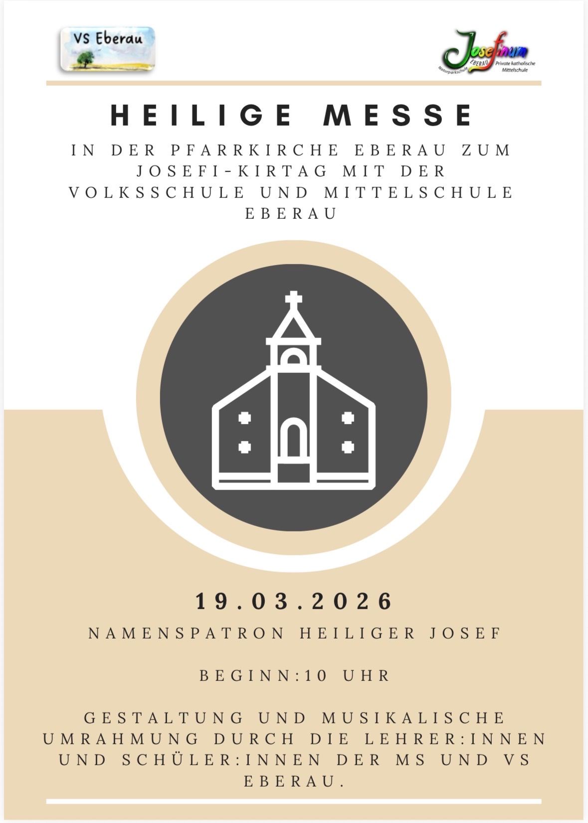 Poster for a religious event on March 19, 2026, featuring a church icon, the date, and details about the celebration. The name 'Heiliger Josef' is highlighted.