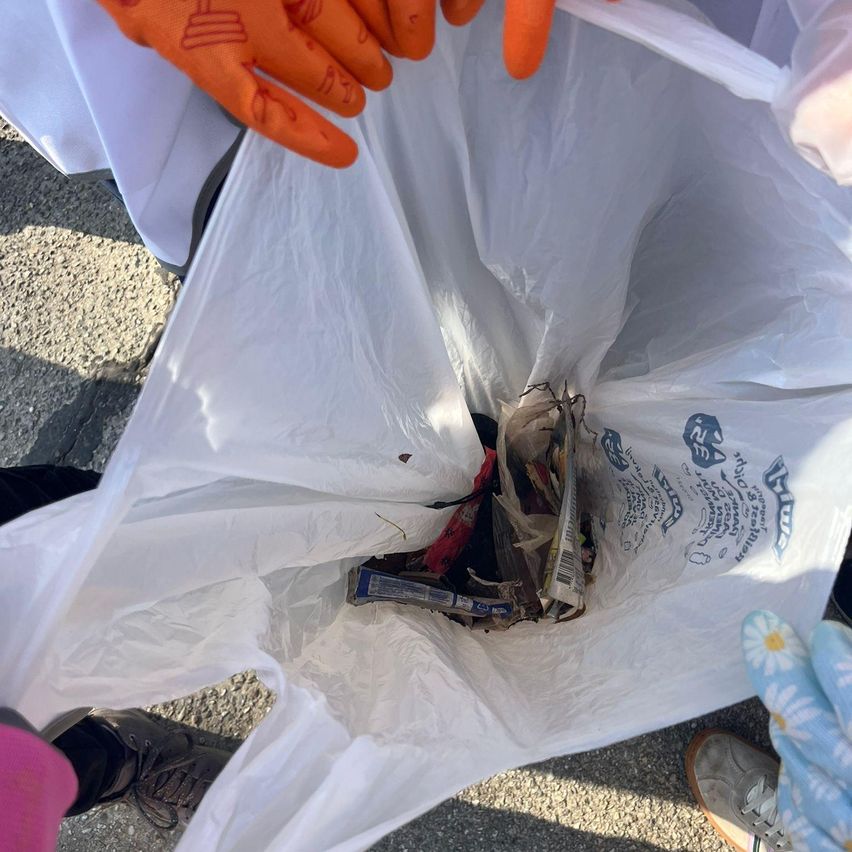 Eine Person mit Handschuhen hält einen weißen Plastiksack voller Müll, einschließlich einer beschädigten Box. Der Sack ist offen und zeigt seinen Inhalt.