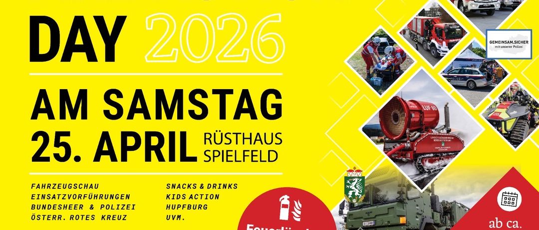 Ein Plakat für den 'Feueraktionstag 2026' am 6. April im Rusthaus Spielfeld, mit Feuerwehrautos, Feuerwehrleuten und Polizei. Aktivitäten umfassen Feuerwehrprüfungen, Snacks, Getränke, Kinderaktionen und mehr.