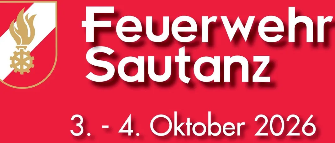 Ein roter Plakat mit weißem Text, der 'Feuerw Sautanz 3. - 4. Oktober' lautet. Der Text ist fett und zentriert auf dem Plakat.