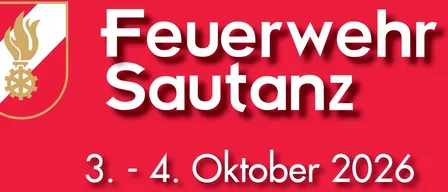 Ein roter Plakat mit weißem Text, der 'Feuerw Sautanz 3. - 4. Oktober 2023' lautet. Der Text ist fett und zentriert auf dem Plakat.