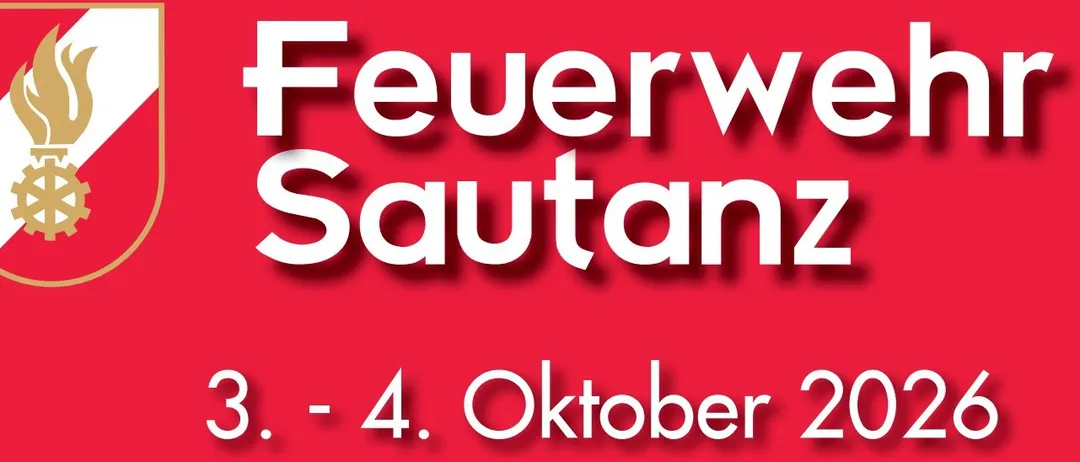 Ein roter Plakat mit weißem Text, der 'Feuerw Sautanz 3. - 4. Oktober 2023' lautet. Der Text ist fett und zentriert auf dem Plakat.
