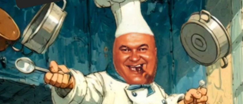 Eine Illustration eines Kochs mit Kochlöffel, mit Preisschildern für Steak bei 16,00 und 10,00 oben.