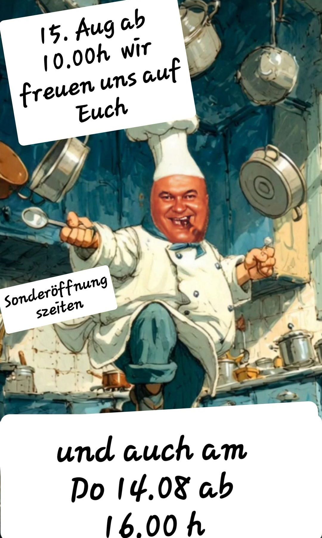 Eine Illustration eines Kochs mit einer Schöpfkelle, mit 'Euch' und 'Sonderöffnung zeiten' Texten. Der Koch lächelt und scheint zu springen.