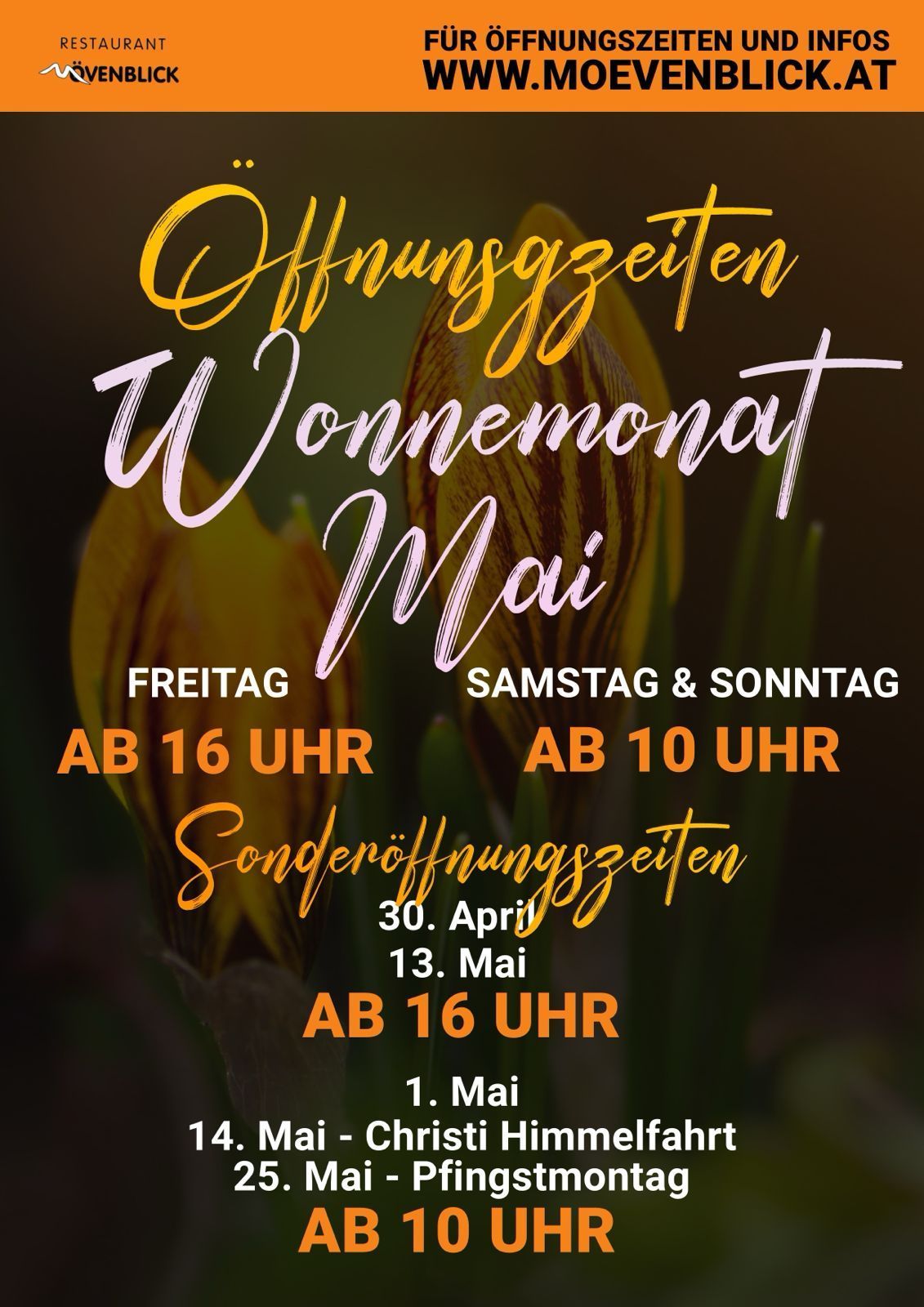 Poster announcing opening times for May. Special opening times on Saturday and Sunday, from 10 AM. Also on Friday from 4 PM and on May 13th from 4 PM.
