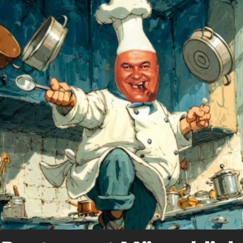 A chef is jumping in the air, holding a ladle and a pan. He is wearing a white chef's hat and coat. Behind him, pots and pans are hanging on the wall.