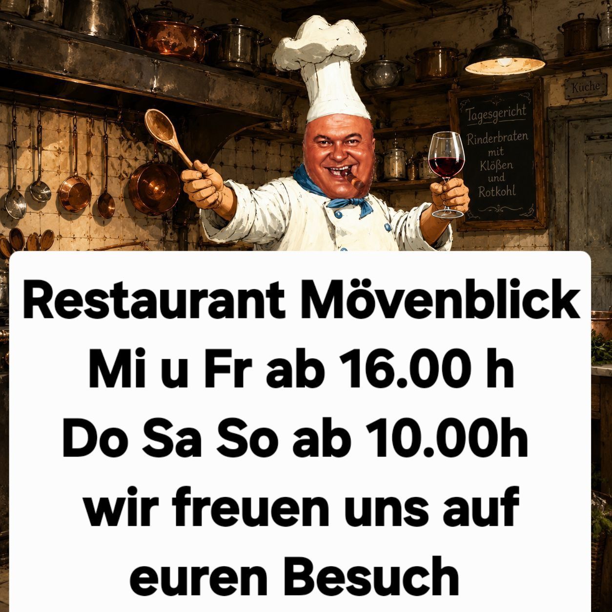 A chef holding a ladle and a glass of wine. The text reads Restaurant MÃ¶venblick. Opening times are provided.