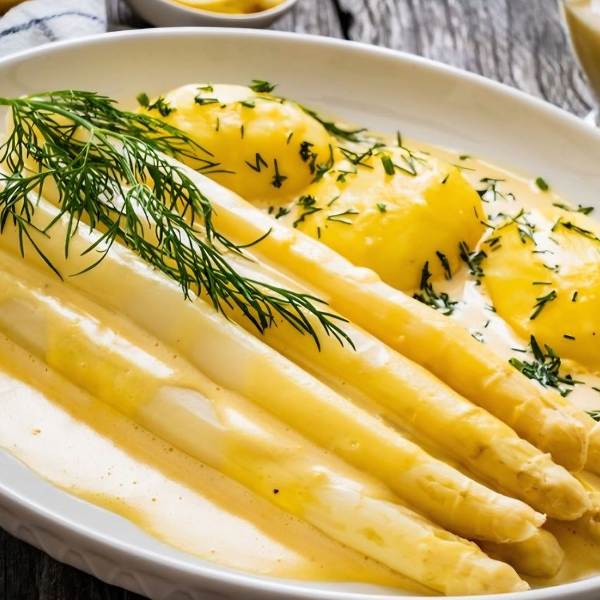 A white plate contains asparagus spears covered in yellow sauce, with a garnish of dill. There are boiled potatoes in the background.