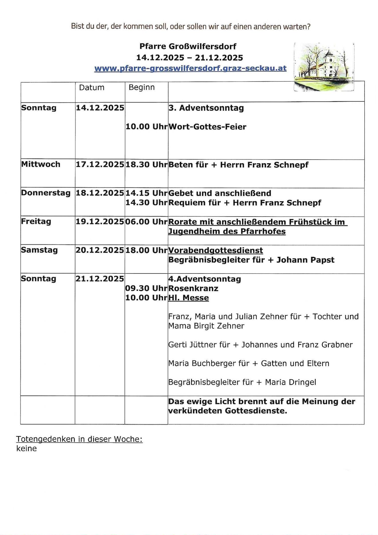 Weekly schedule of church services and events. Begins with a prayer service on Sunday, December 14, and includes various events such as prayers, masses, and blessings throughout the week.