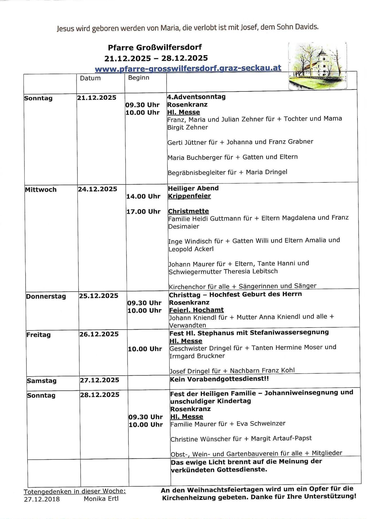 Wöchentlicher Zeitplan für Kirchenveranstaltungen vom 21. Dezember 2025 bis 28. Dezember 2025, einschließlich Zeiten, Aktivitäten und Teilnehmer. Beinhaltet Adventslieder, Weihnachtsmesse und familienorientierte Veranstaltungen.