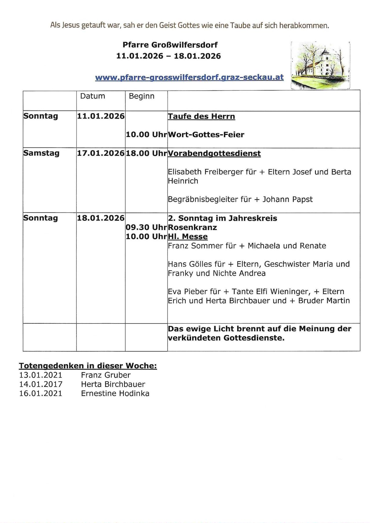 Das Bild zeigt einen Zeitplan für Gottesdienste mit Datum, Uhrzeit und Teilnehmern. Am 11.01.2026 findet um 10:00 Uhr ein Wort-Gottes-Fest statt. Am 17.01.2026 gibt es um 18:00 Uhr einen Gottesdienst mit Elisabeth Freiberger und anderen. Am 18.01.2026 findet um 09:30 Uhr ein Gottesdienst mit Franz Sommer und anderen statt.