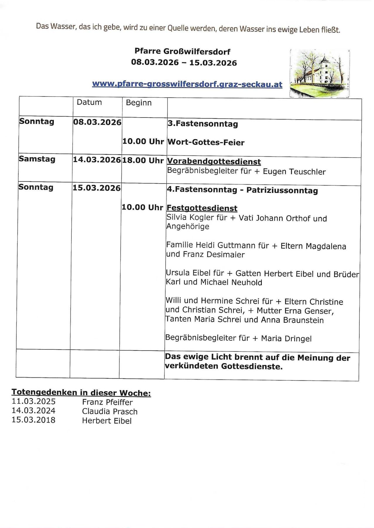 Schedule for church services in Grosswilfersdorf. Dates include 08.03.2026, 14.03.2026, and 15.03.2026. Services include Word-of-God-Feast, Burial Service Escort, and Funeral Service. Names of attendees are listed.