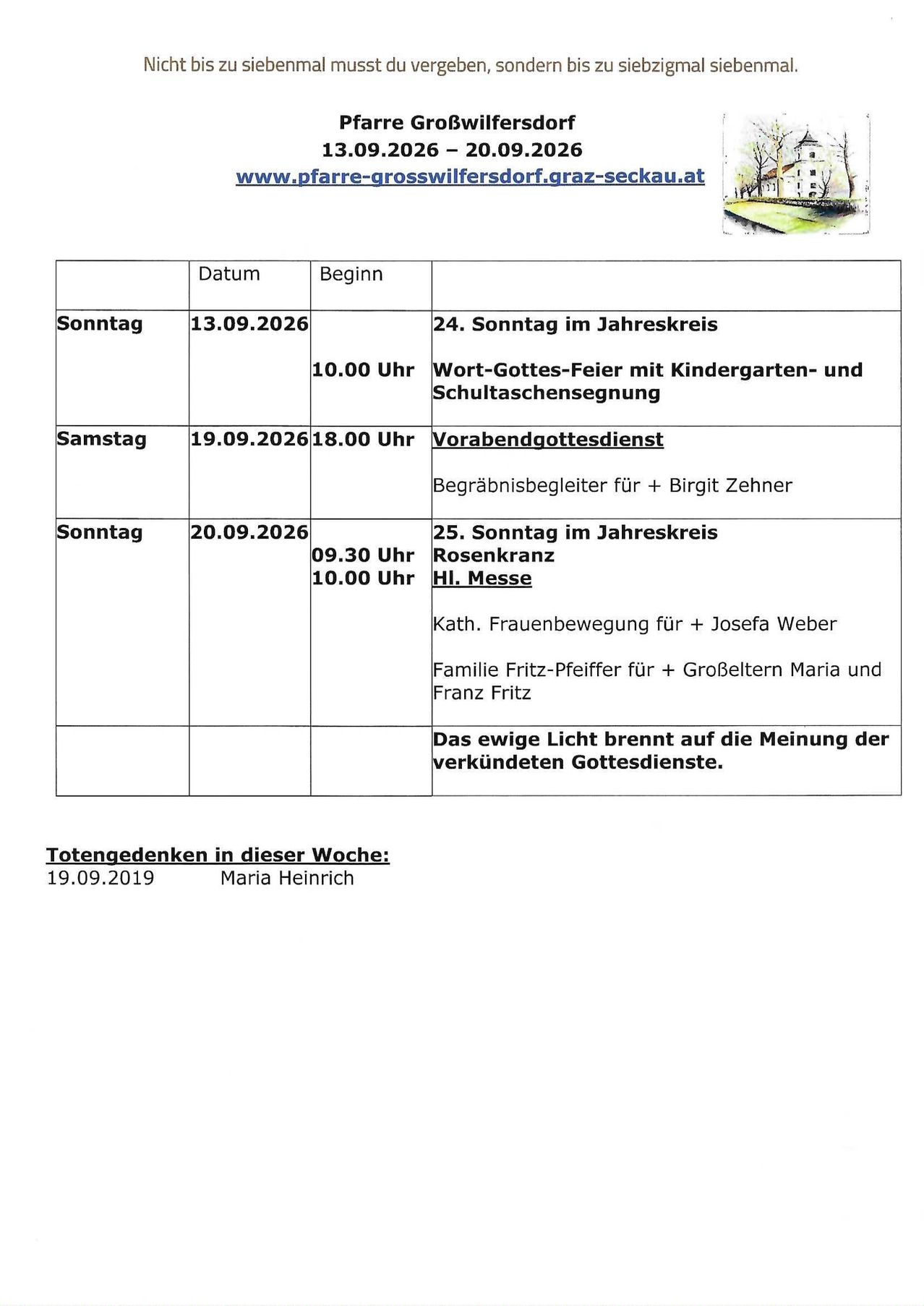 A document with a schedule of events including dates, times, and descriptions of activities such as a Word-God celebration, a Sunday mass, and a women's movement.