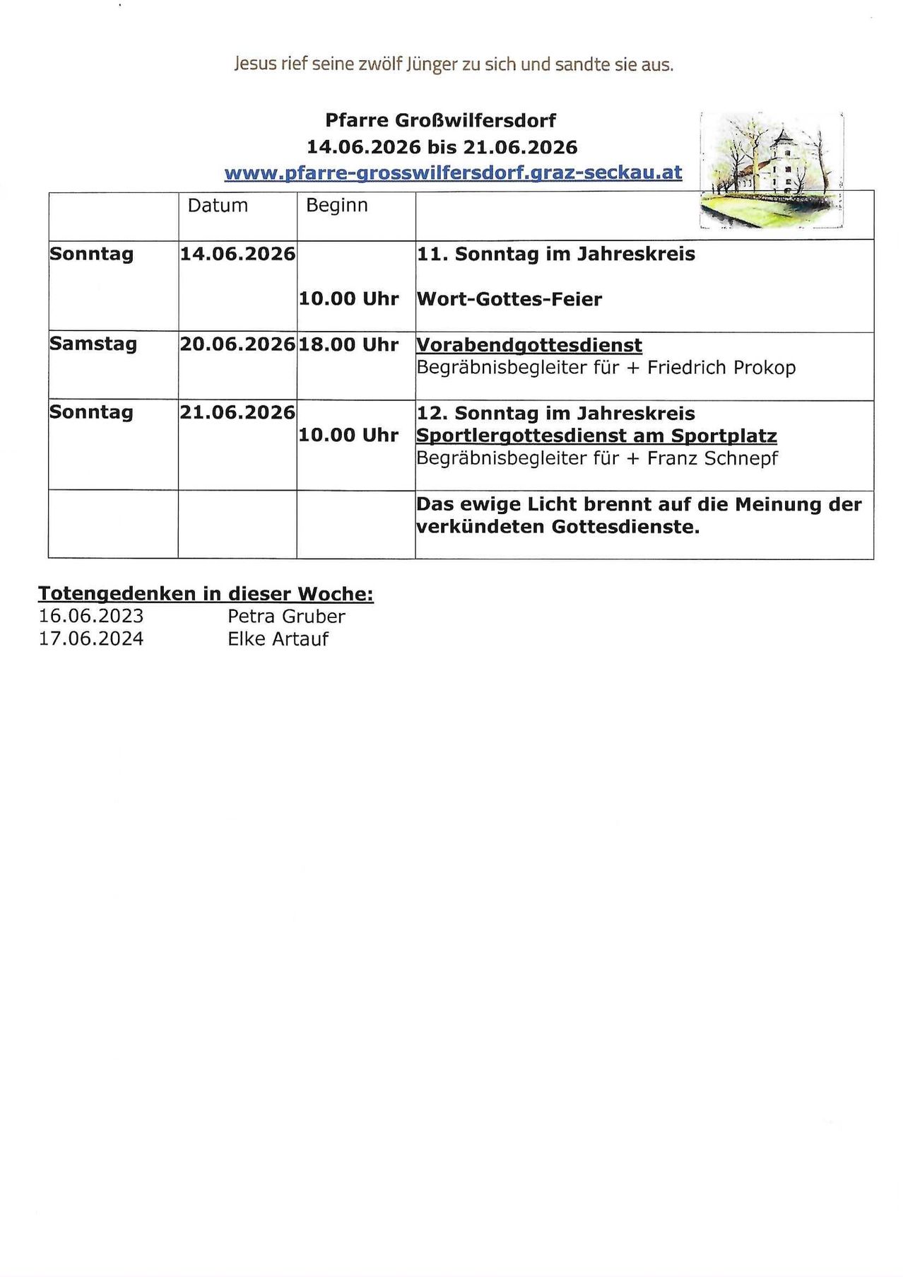 A schedule shows Sunday events including Word of God service, evening service, and sports service. Dates and times are provided, along with names of those leading the services. Memorials for Petra Gruber and Eike Artauf are listed.