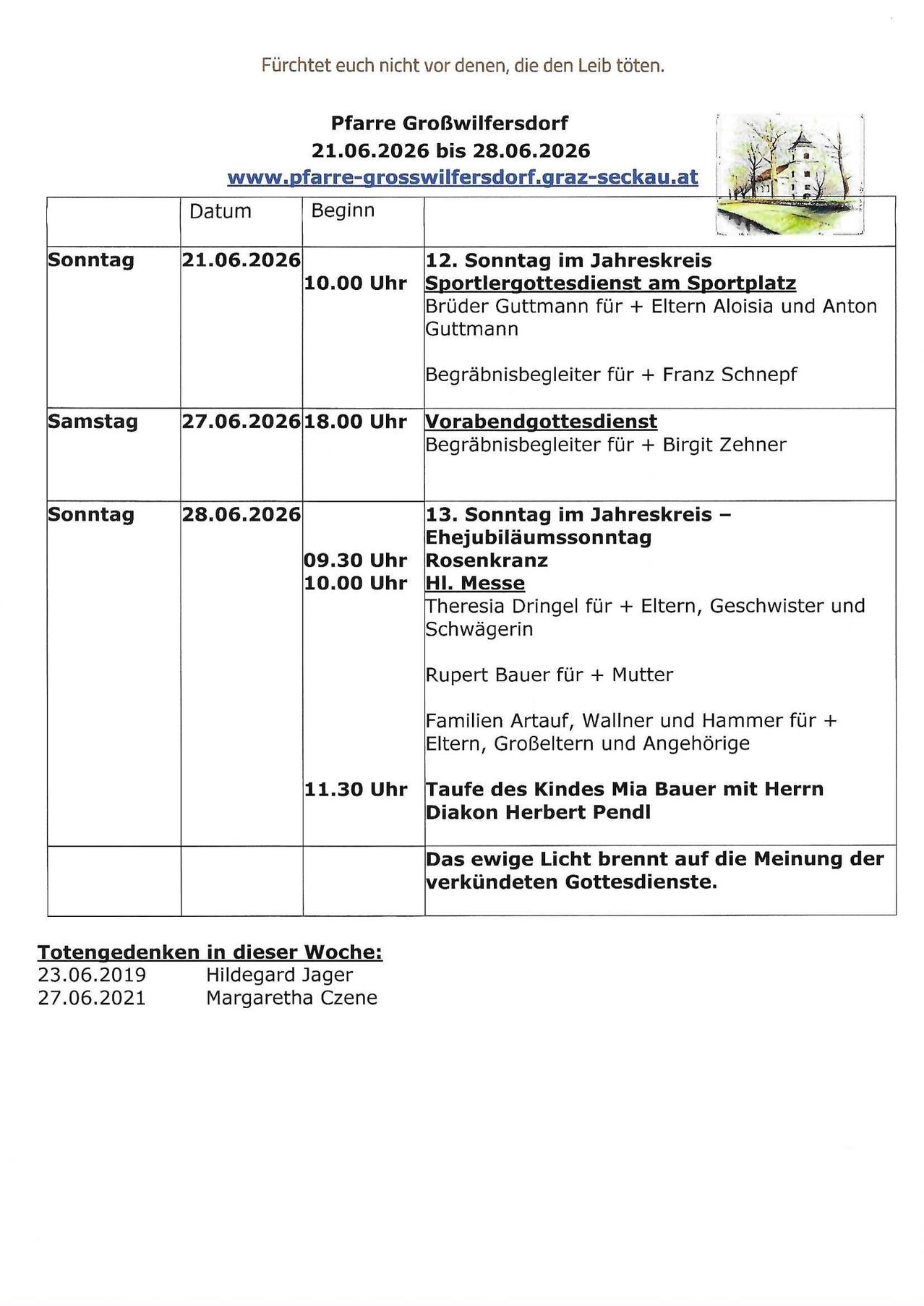 Eine Tabelle zeigt drei Termine mit Zeiten, Veranstaltungen und beteiligten Personen. Sonntag, 21.06.2026, 10:00 Uhr, ein Sportgottesdienst am Sportplatz. Samstag, 27.06.2026, 18:00 Uhr, ein Verabschiedungsgottesdienst. Sonntag, 28.06.2026, 09:30 Uhr, ein Jubiläumsgottesdienst, gefolgt von einer Taufe und einer Kerzenlichtgedenkfeier.