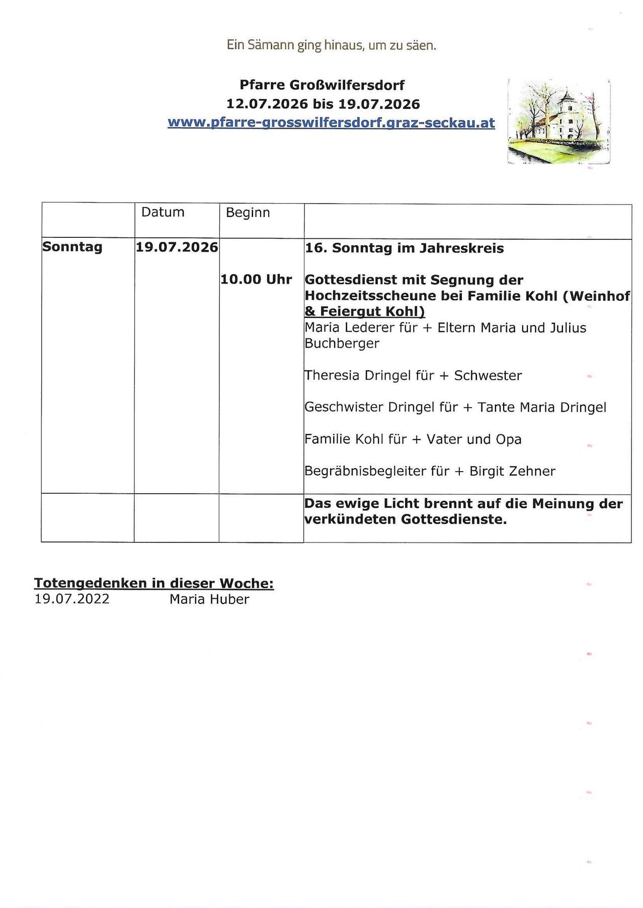 The document is a church service schedule. On Sunday, July 19, 2026, a service is scheduled at 10:00 AM. The service is dedicated to the Kohl family and includes specific prayers for family members and a burial escort.