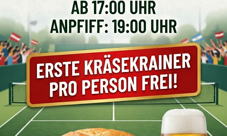 Ein Plakat für ein Sportereignis für Österreich gegen Argentinien am 22. Juni. Erster Krasekrainer pro Person kostenlos. Bier und Hot Dog auf einem Tennisplatz.