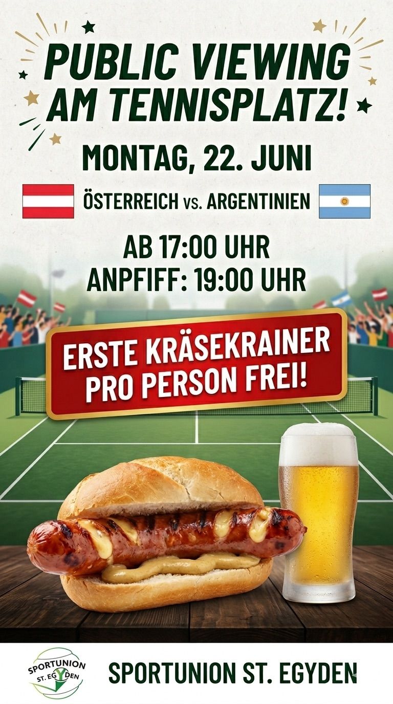 Poster for Austria vs. Argentina soccer match. Start time is 5:00 PM. Beer and a hot dog are on the table.