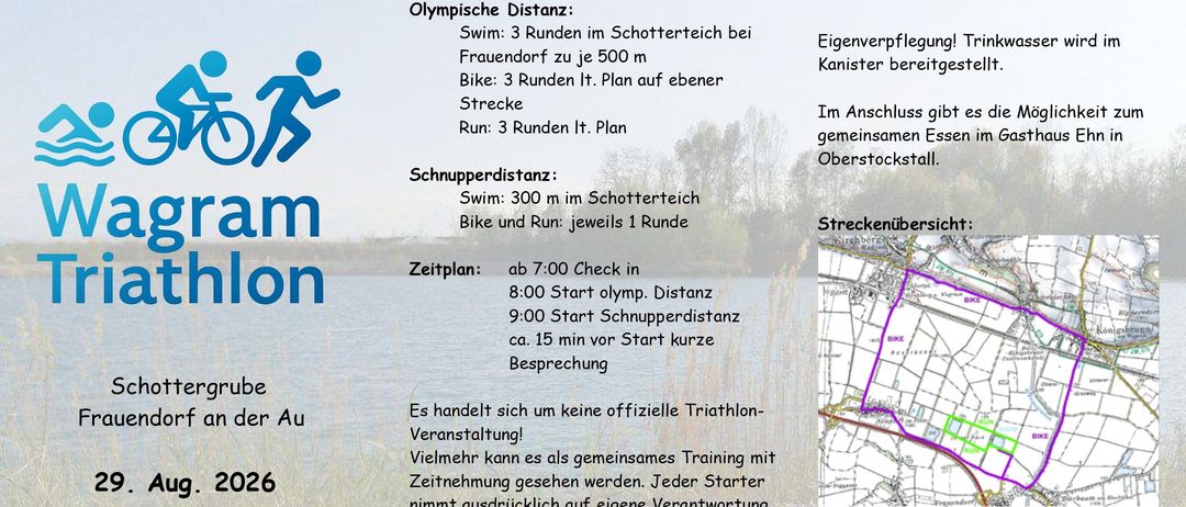 Flyer für ein nicht offizielles Triathlon-Event in Frauendorf mit olympischen und Sprintdistanzen, Startzeiten und Teilnehmerlimits. Keine Gebühr. Streckenplan inklusive. Kontakt: Klaus Lukaseder. QR-Code für Anmeldung.