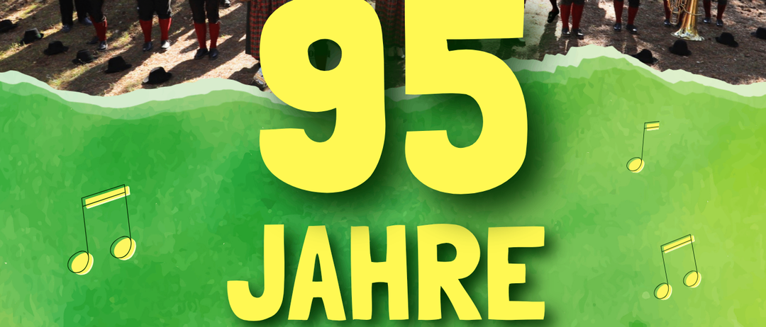 Ein Plakat zur Feier von 95 Jahren Freischoppen mit musikalischem Thema und Musikern im Hintergrund.